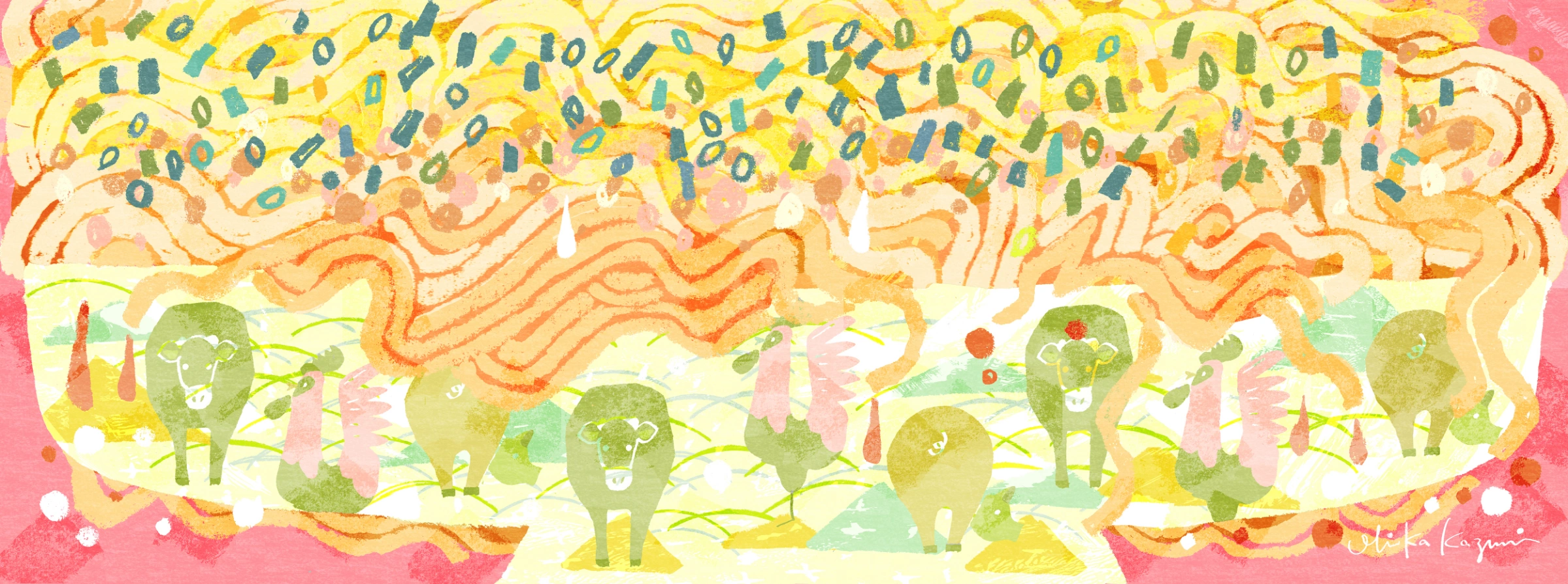うどんと牛・鶏のイラストが描かれたどんぶりのイメージイラスト（オビカカズミ作）。